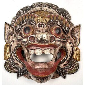 VTG 11"x10" Hand Carved Painted Balinese Hindu Wood Spirit MASK Folk Art Decor